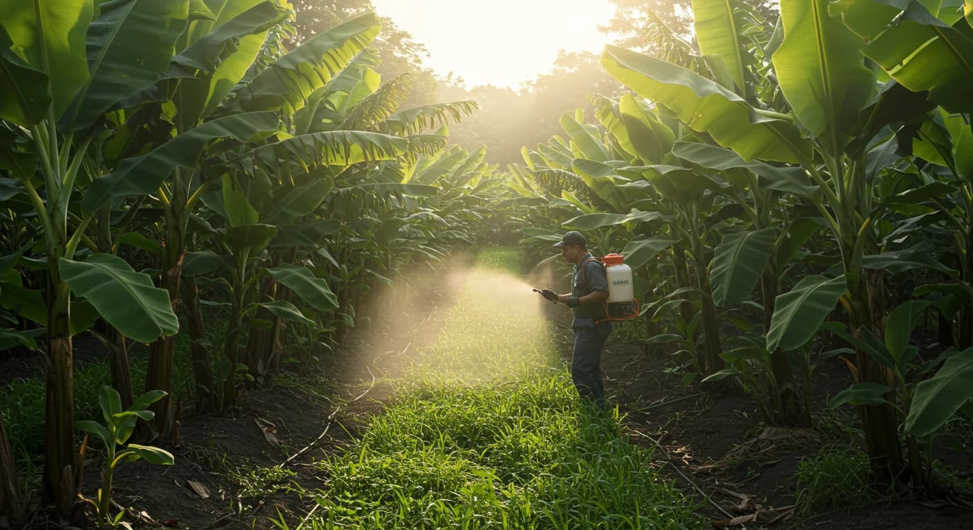 Plantacion ecuatoriana de banano Cavendish con manejo integrado de malezas y agronomo inspeccionando cobertura noble el 8 de junio de 2026