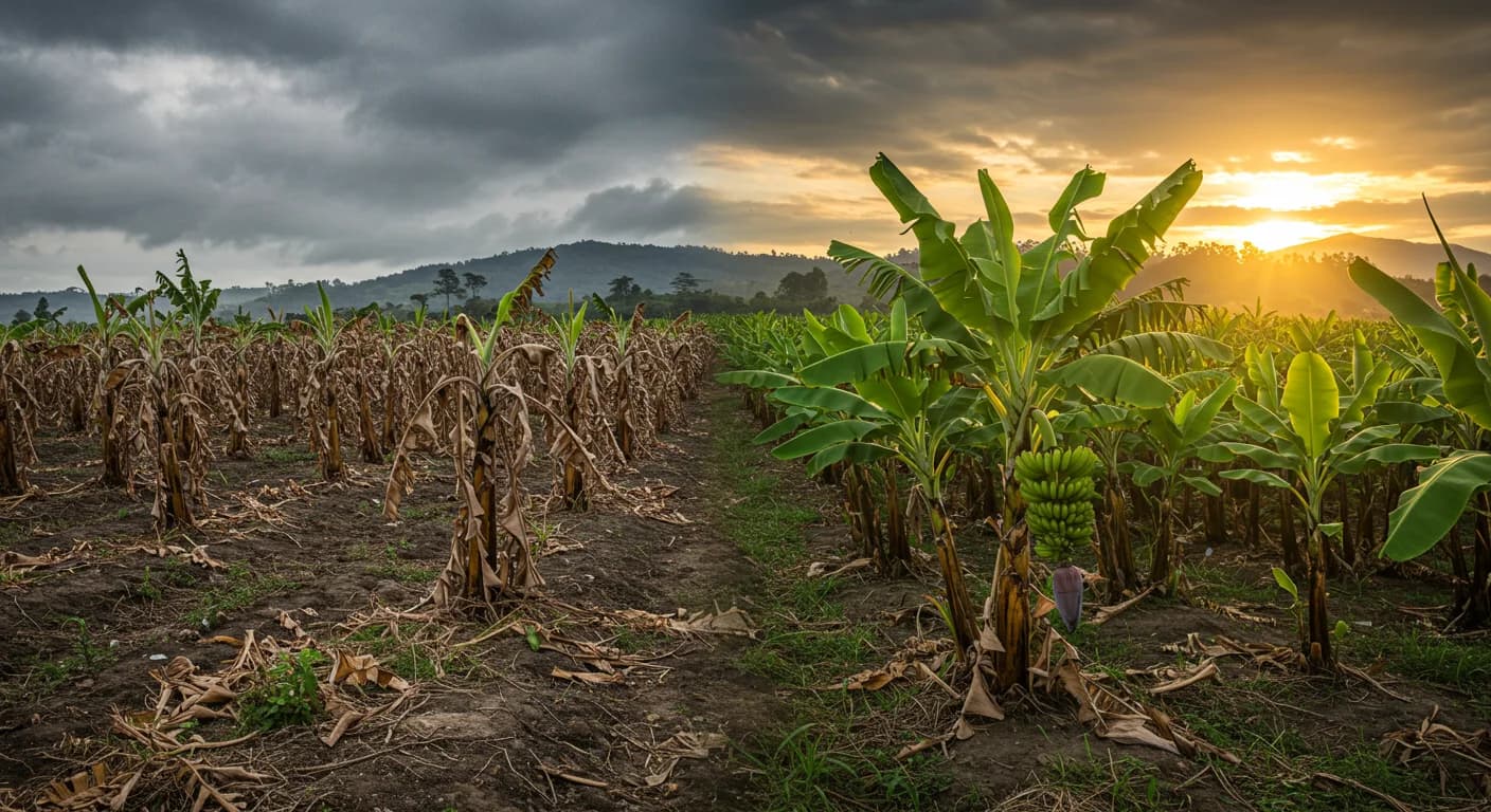 Contraste entre finca bananera cerrada de Costa Rica y plantacion ecuatoriana vibrante operando el 8 de junio de 2026