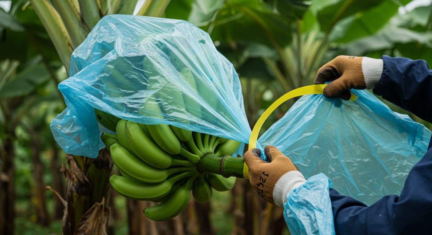 Trabajador embolsando racimo de banano Cavendish con bolsa azul y cinta amarilla