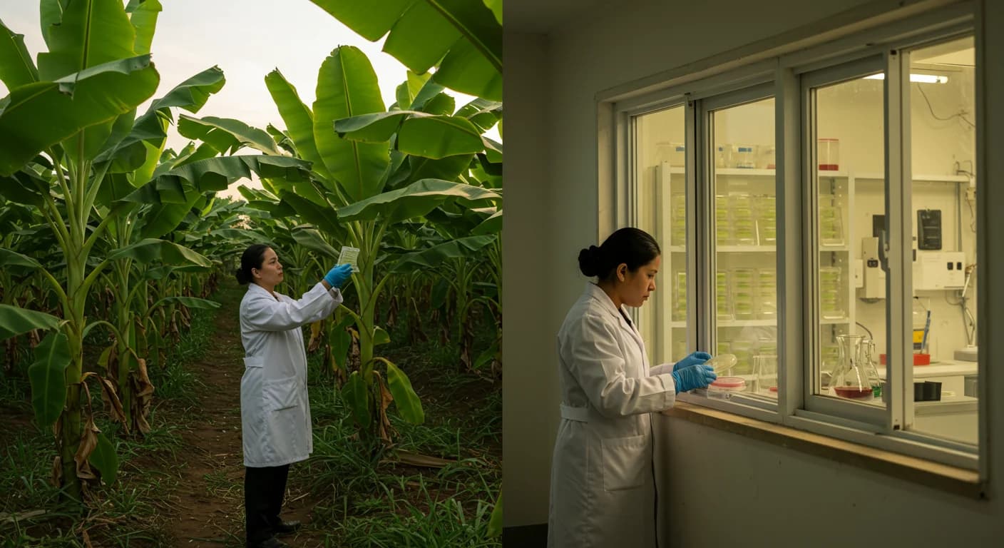 Plantacion Cavendish en Ecuador junto a laboratorio de cultivo de tejidos: debate QCAV-4 transgenico