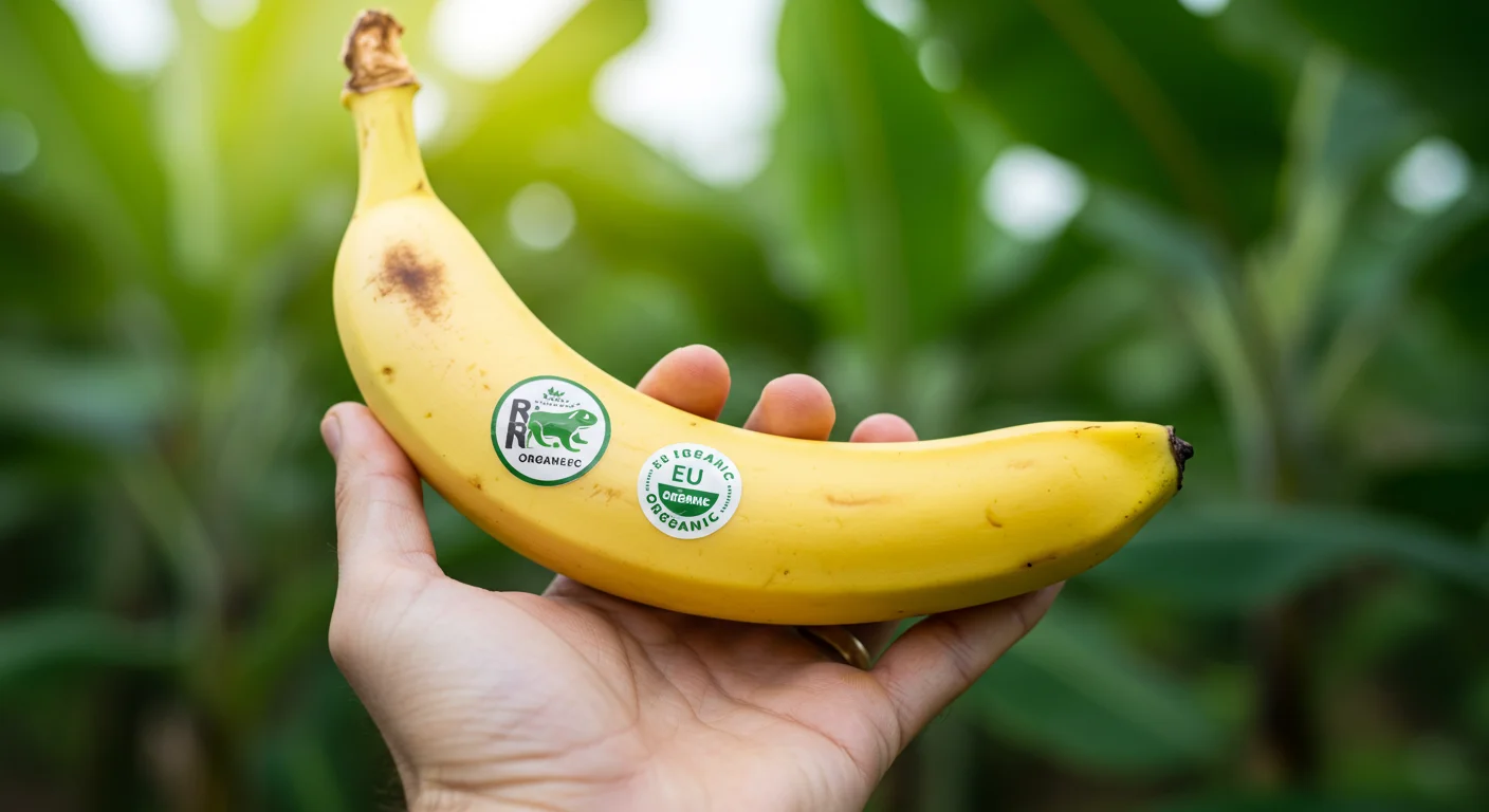 Banano organico certificado ecuatoriano con sello Rainforest Alliance y hoja organica europea en plantacion del Oro