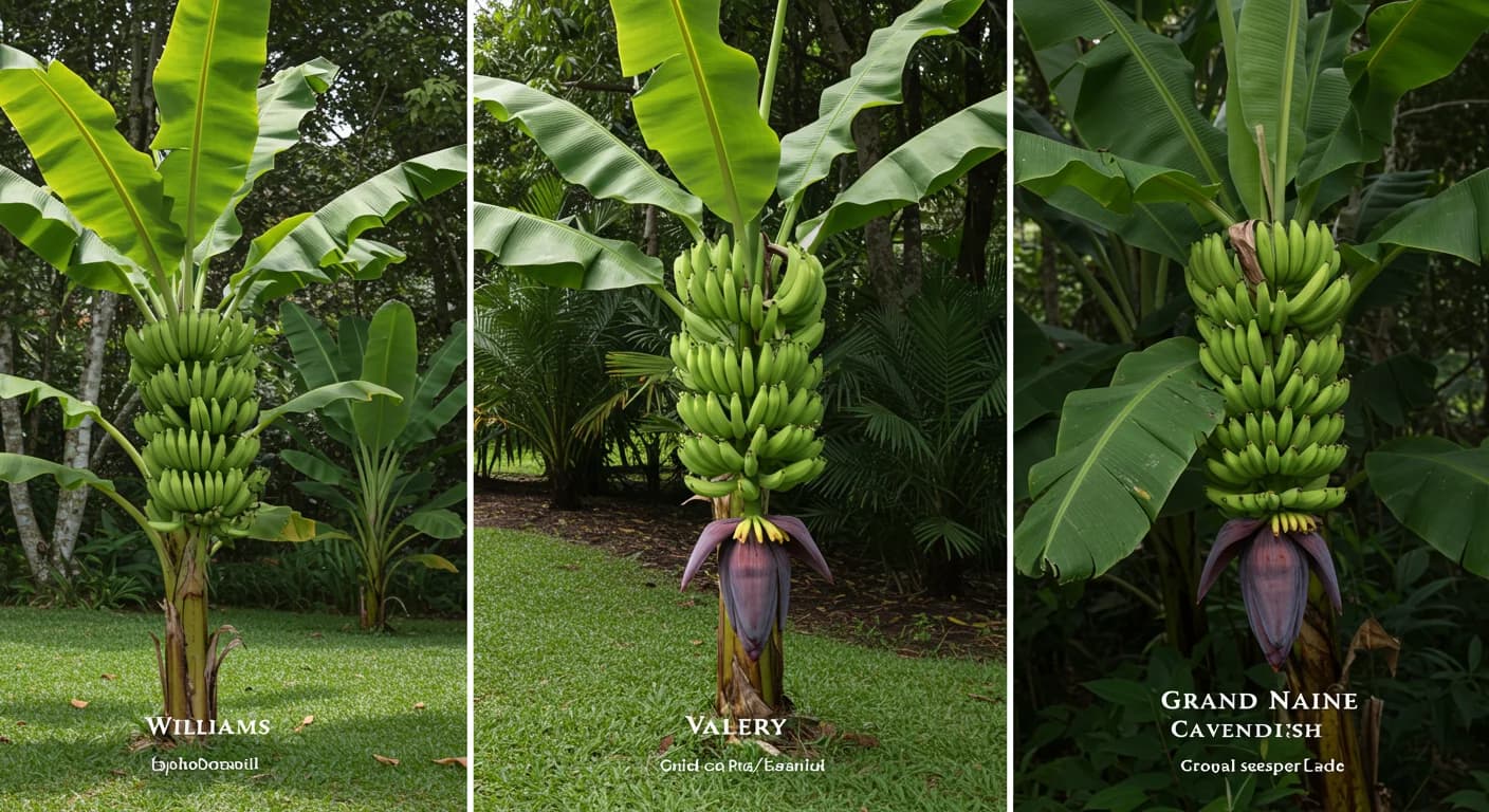 Comparativa visual de tres variedades de banano Cavendish Williams Valery y Grand Naine en plantacion ecuatoriana