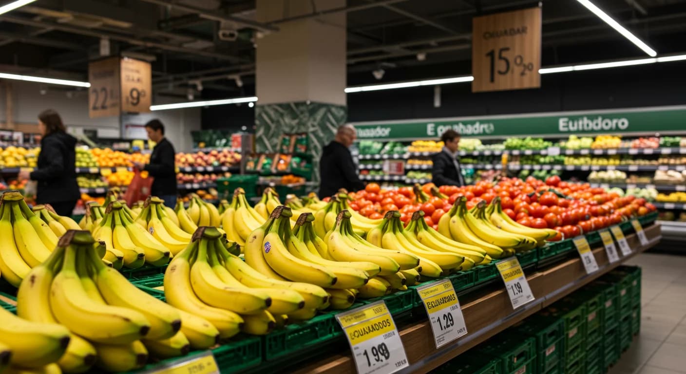 Banano ecuatoriano apilado en gondola de supermercado aleman en Hamburgo