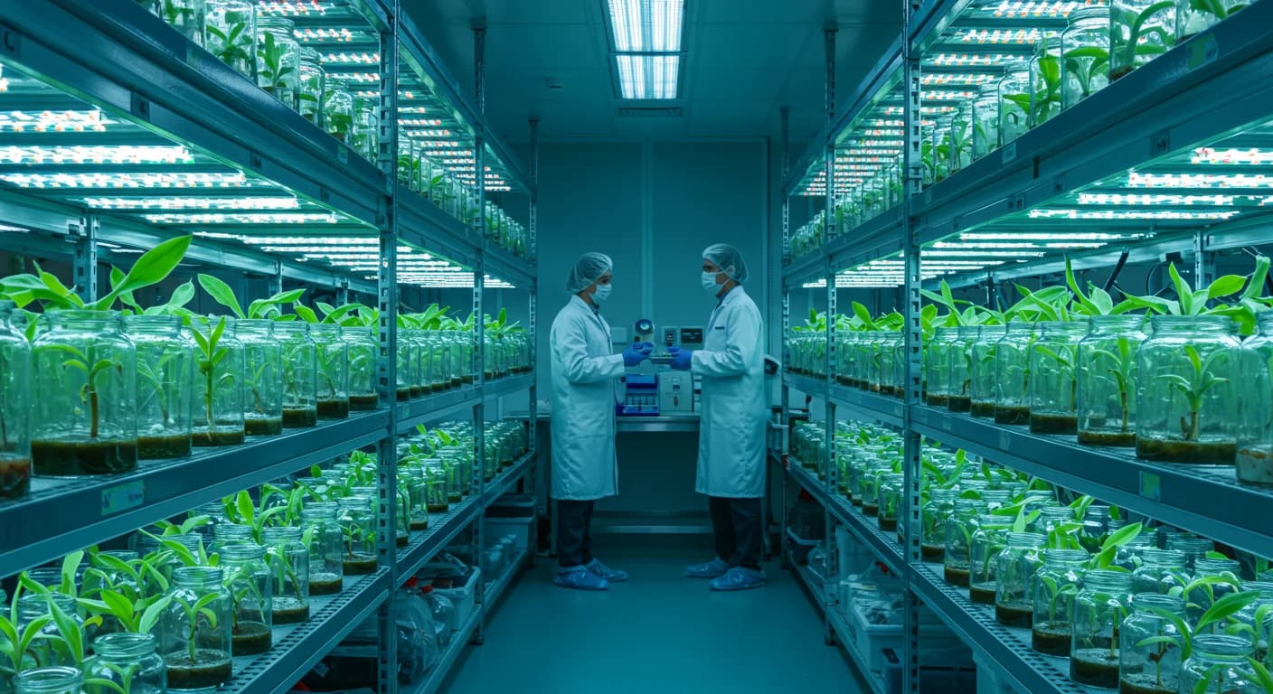 Vitroplantas de banano Cavendish en frascos de cultivo de tejidos en laboratorio