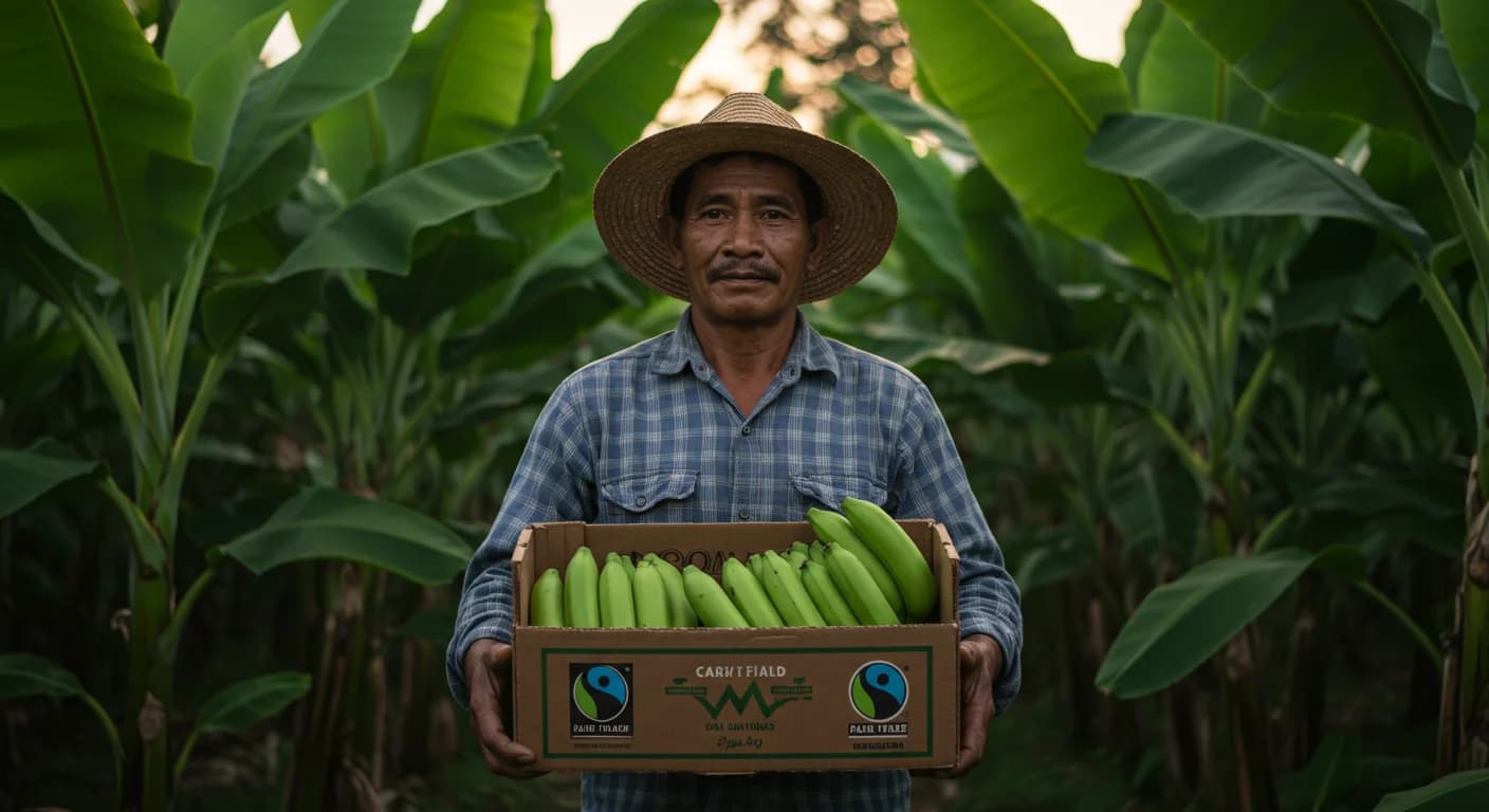 Productor de banano Cavendish con caja certificada Fairtrade en finca de Los Rios Ecuador