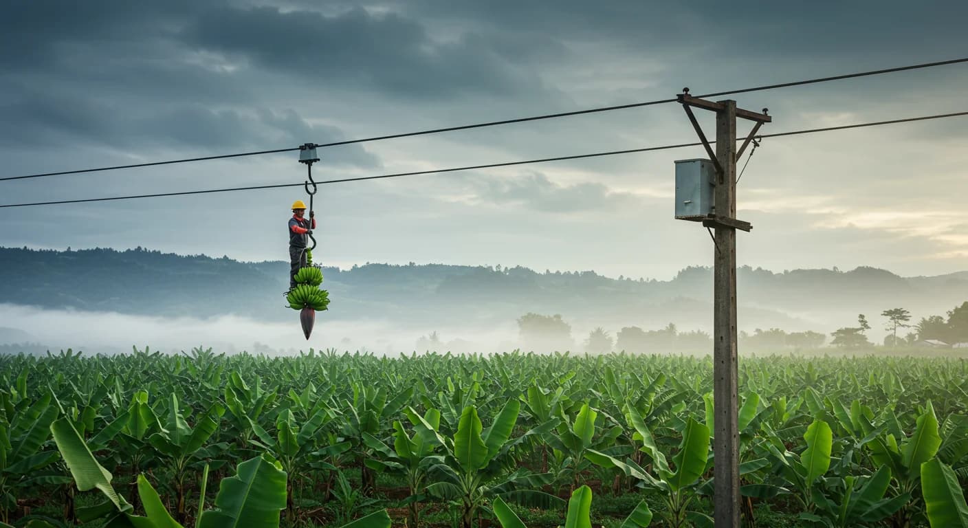 Cable via aereo galvanizado con garrucha y racimo de banano Cavendish en finca ecuatoriana del Litoral 2026