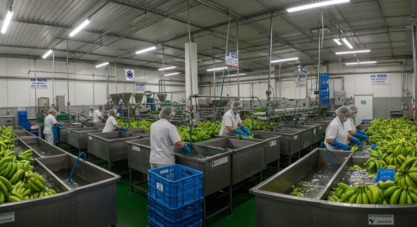 Empacadora de banano Cavendish en Ecuador con personal con gorros y guantes lavando racimos en tanques de acero inoxidable bajo protocolo HACCP