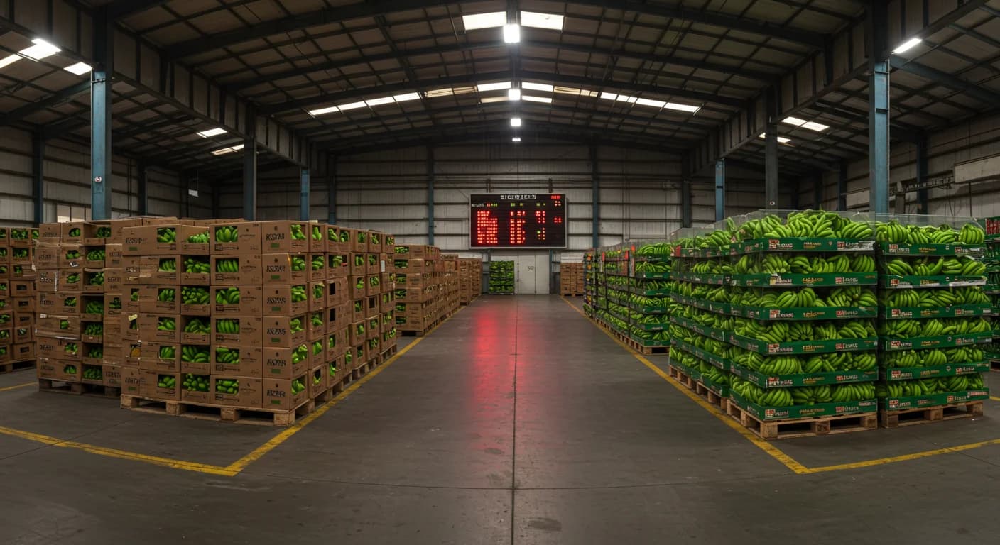 Bodega de exportacion de banano en Machala, Ecuador, con cajas 22XU apiladas y tablero de cotizacion semana 25 junio 2026