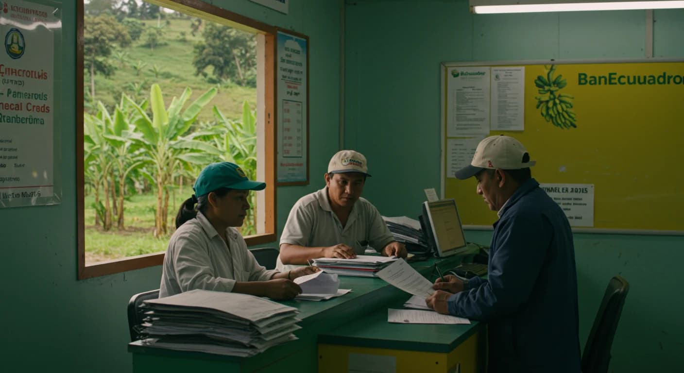 Oficina BanEcuador Machala con productores bananeros gestionando credito El Nino 2026 con plantacion al fondo