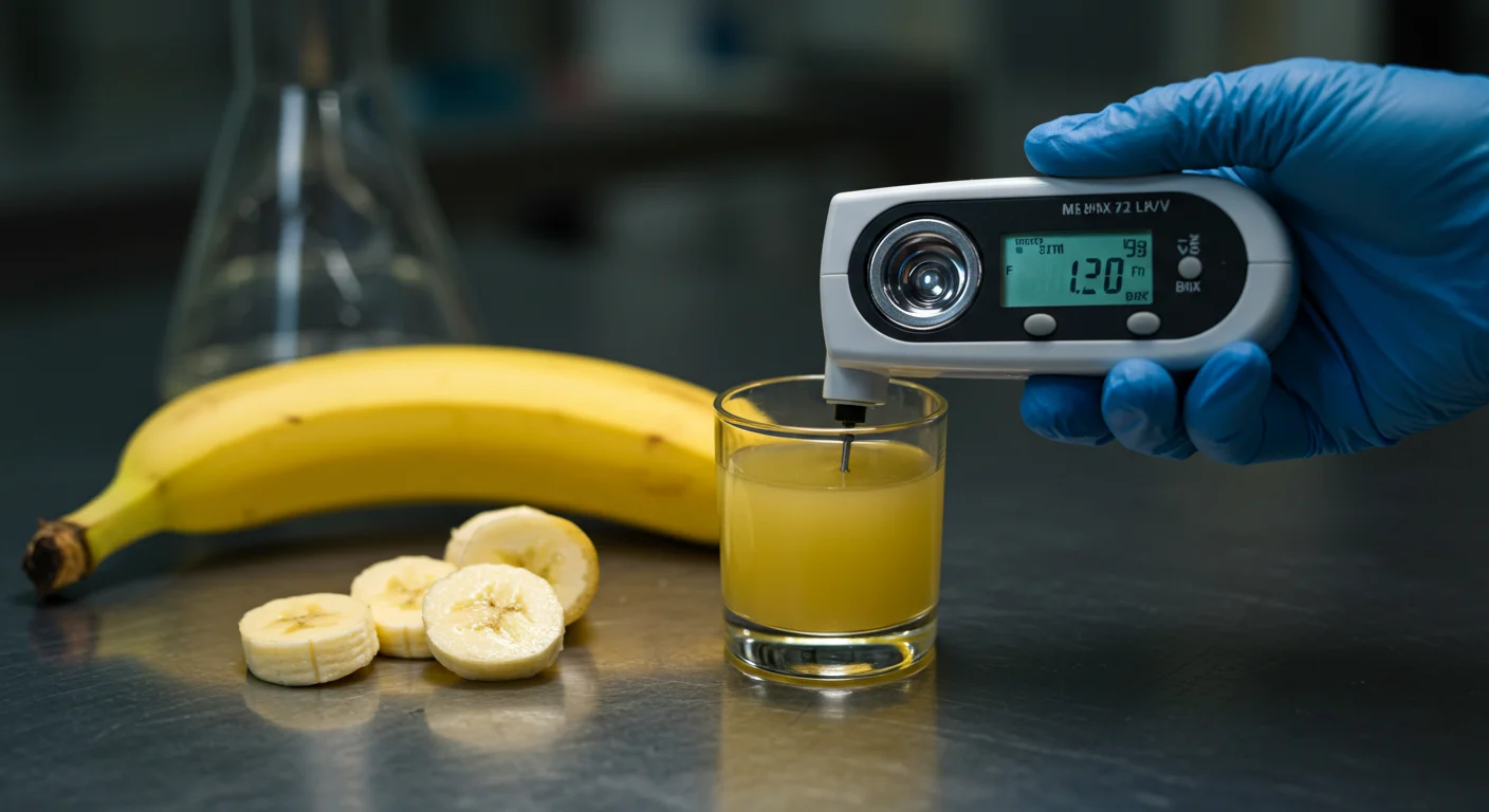 Refractometro digital midiendo Brix de jugo de banano Cavendish en mesa de laboratorio, control de calidad postcosecha Ecuador 2026