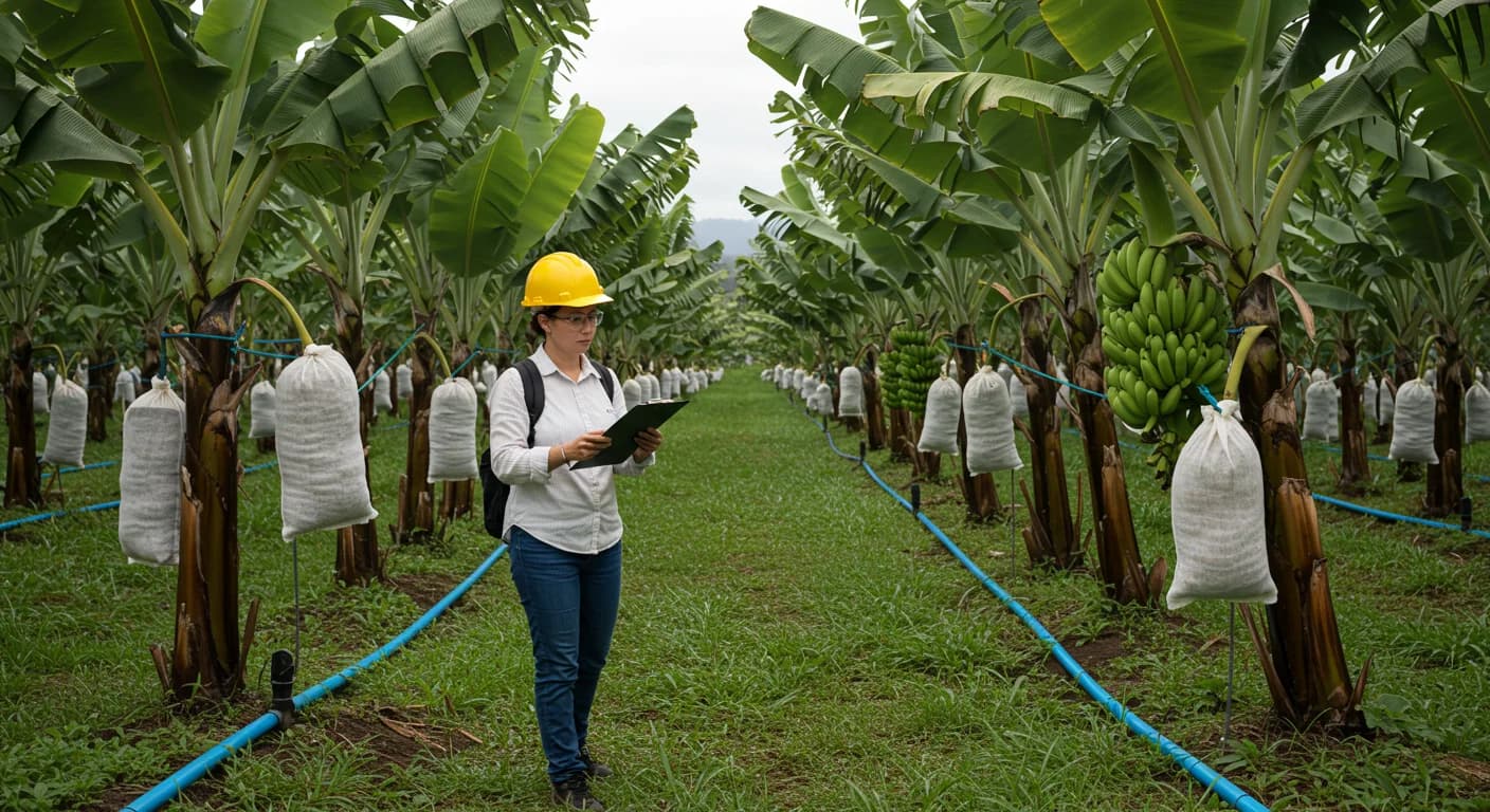 Auditor con casco amarillo y tablet revisando finca de banano Cavendish Ecuador en checklist GlobalGAP