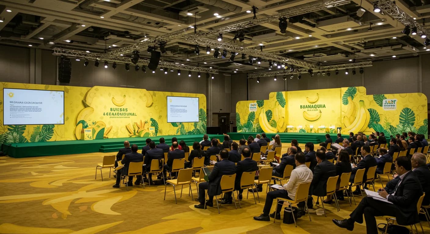 Auditorio Centro de Convenciones Guayaquil con marca Banana Time Guayaquil 2026 y asistentes en cumbre AEBE