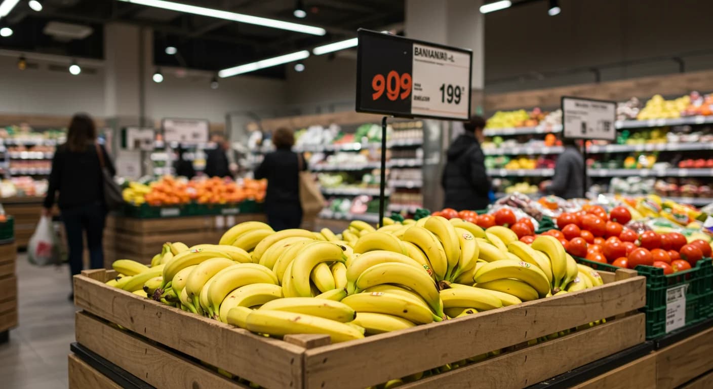 Cajon de madera con banano ecuatoriano en supermercado italiano de Milan con cartel Banane dall'Ecuador