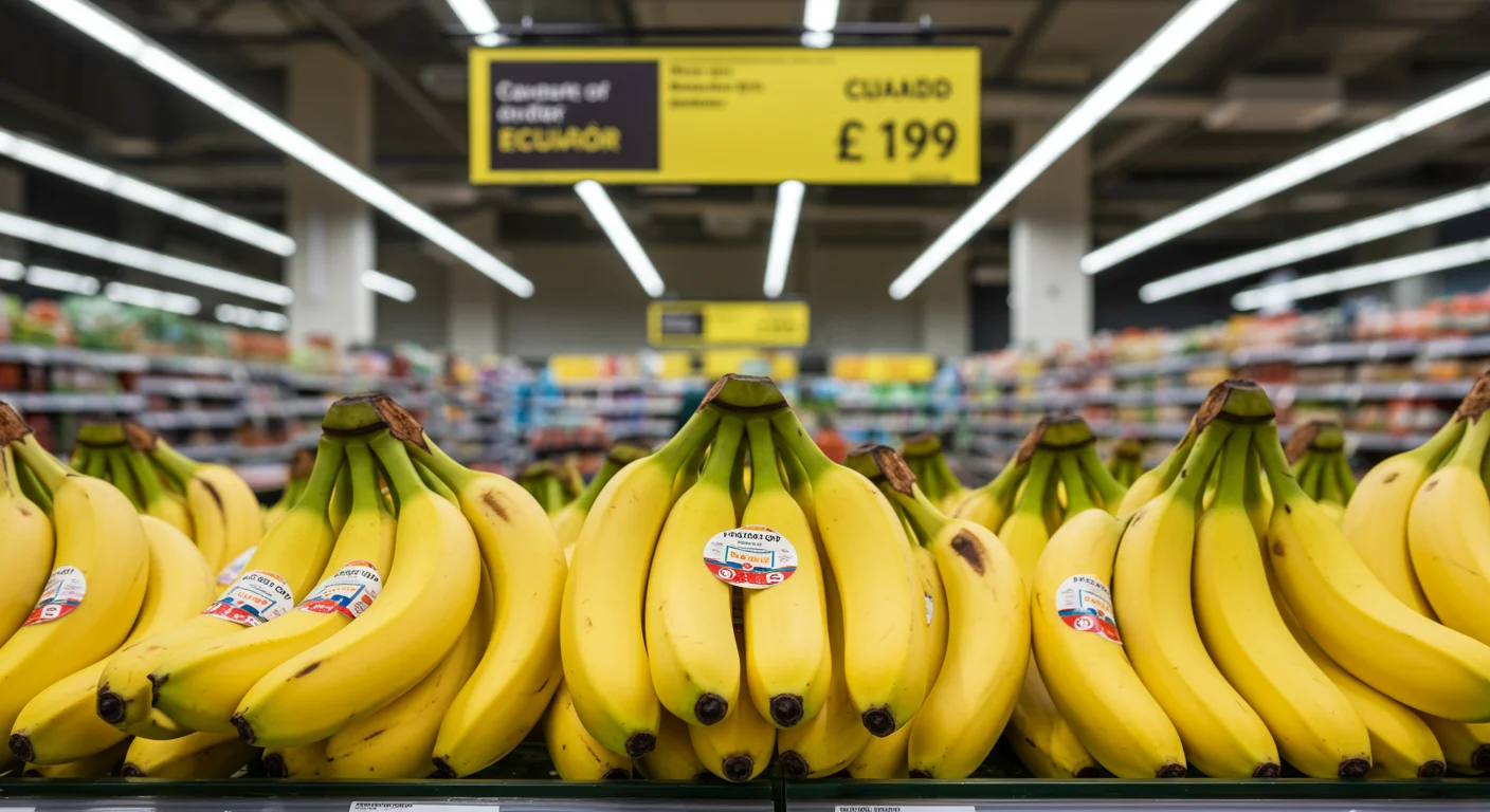 Banano Ecuador Cavendish exhibido en supermercado britanico con etiqueta Product of Ecuador, semana 26 junio 2026