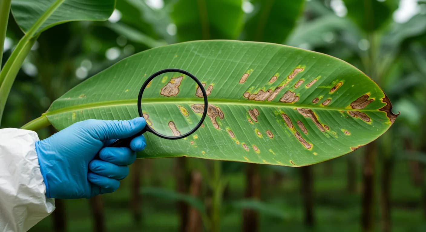 Hoja de banano Cavendish con lesiones de Sigatoka negra inspeccionada por tecnico con traje de bioseguridad Ecuador 2026