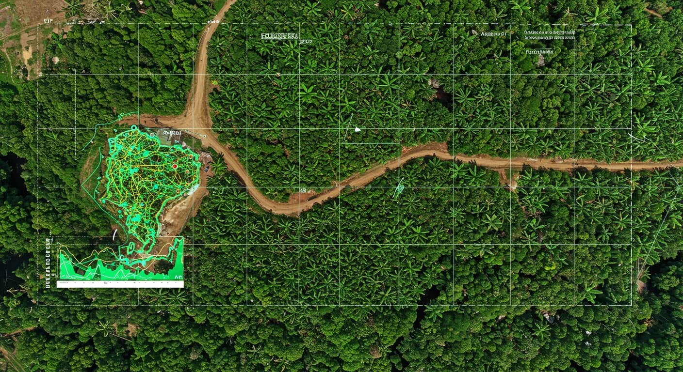 Vista aerea de finca bananera ecuatoriana con overlay de mapa GPS y simbolo del EUDR Union Europea, cuenta atras diciembre 2026