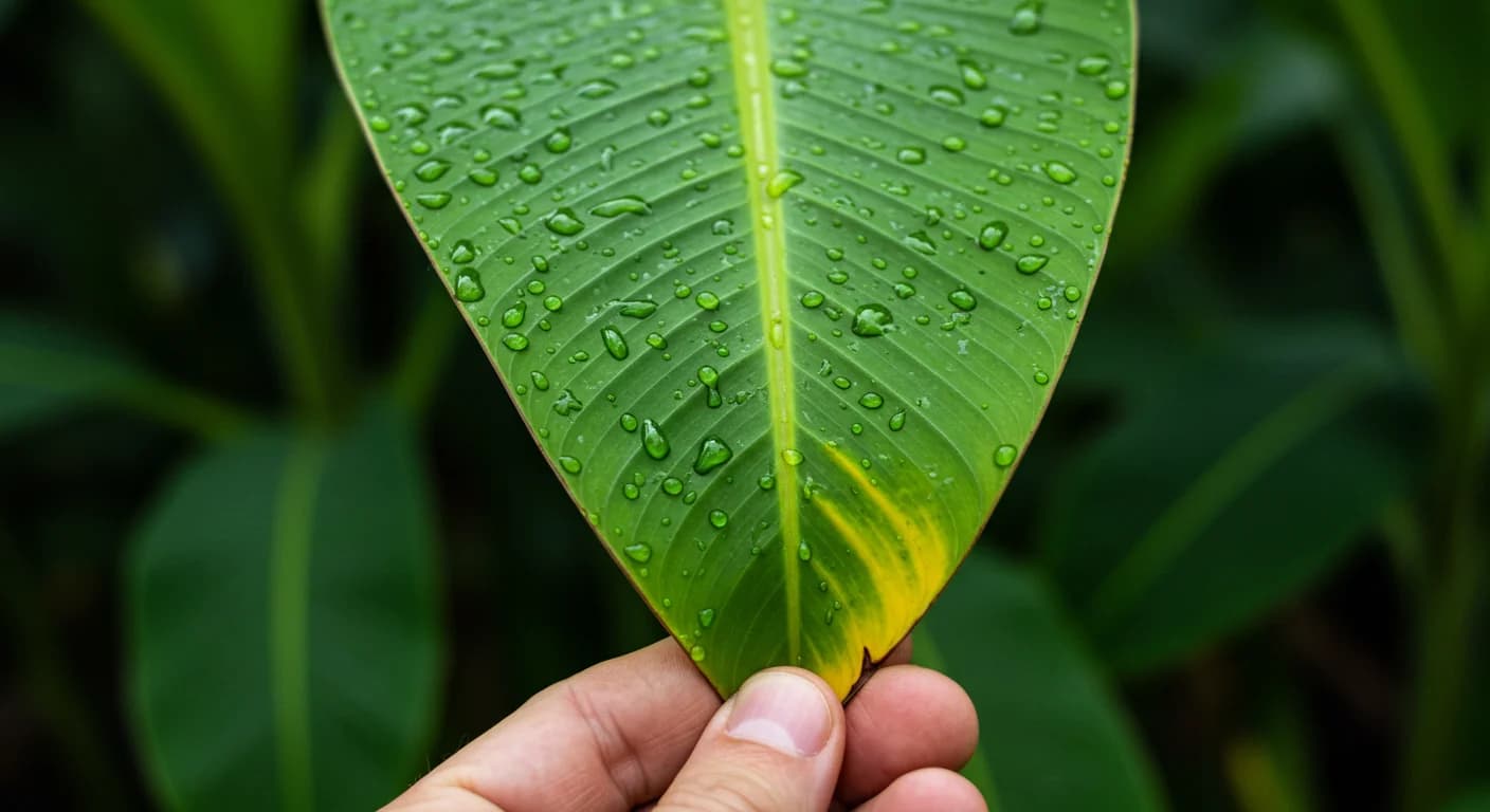 Macro de hoja de banano Cavendish con leve clorosis intervenal por deficiencia de zinc, agronomo evaluando estado nutricional