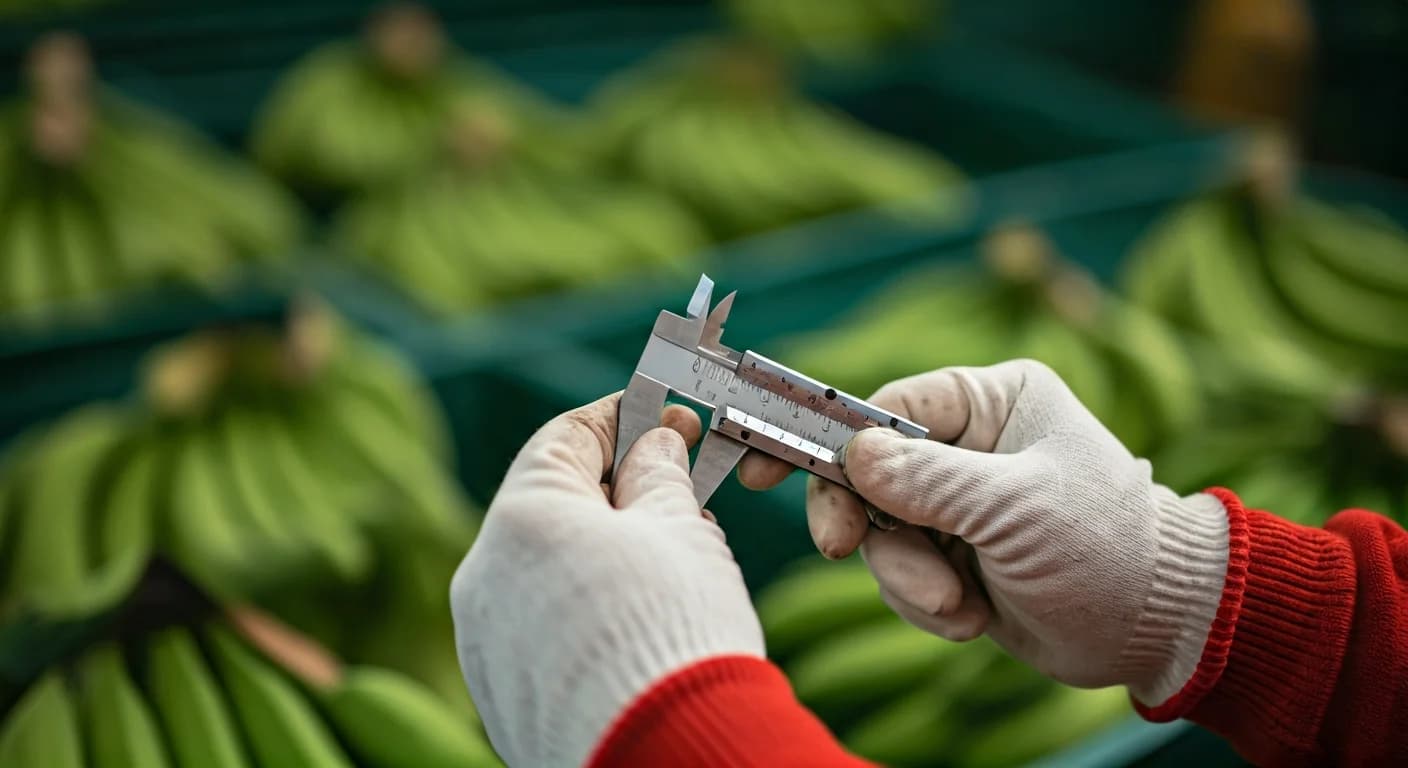 Trabajador bananero Ecuador midiendo con calibrador metalico el diametro de un dedo de banano Cavendish en empacadora