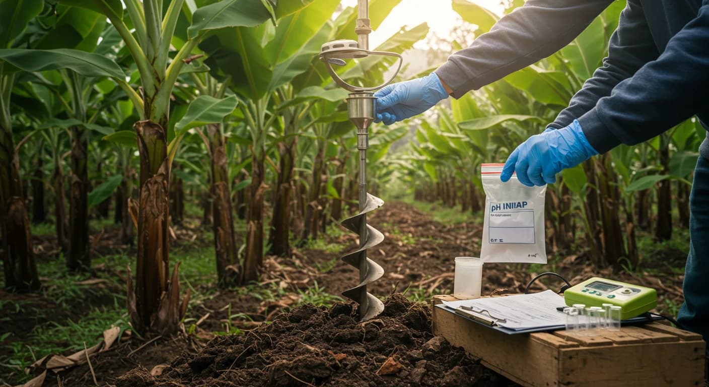 Agronomo tomando muestra de suelo con barreno de acero inoxidable entre plantas de banano Cavendish en finca ecuatoriana