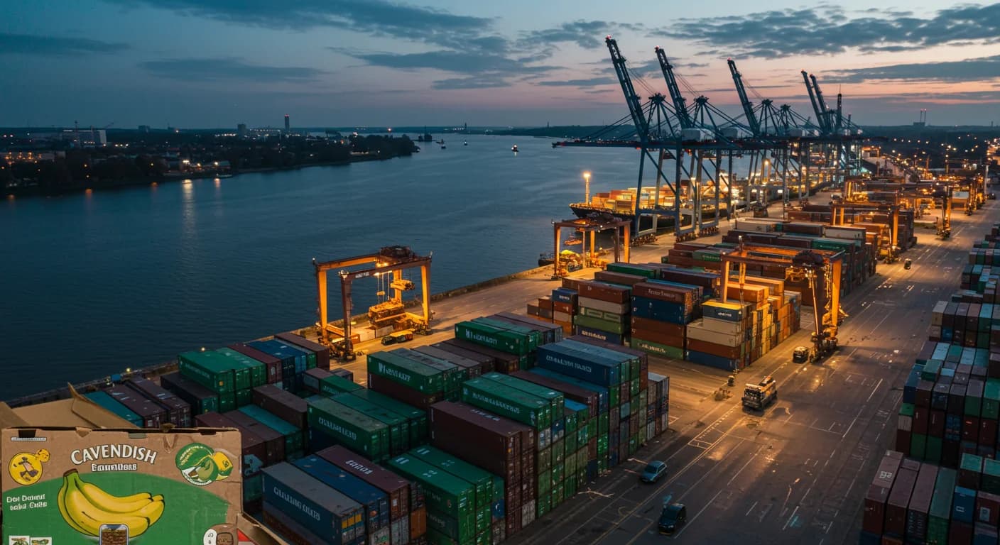 Puerto de Amberes al atardecer con contenedores reefer de banano y grua portuaria en terminal Deurganckdock