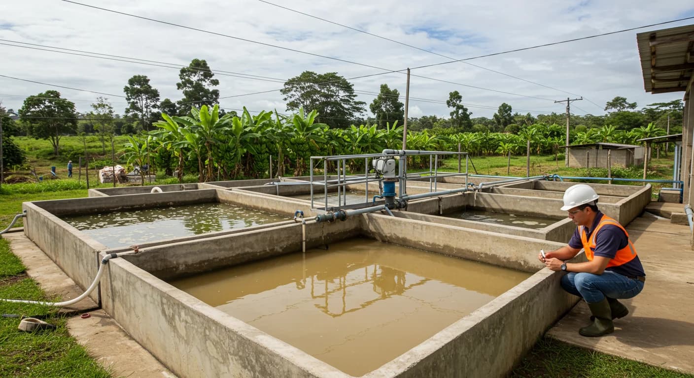 Ingeniero con casco midiendo pH junto a tanque de sedimentacion en planta de tratamiento de aguas residuales de empacadora de banano en costa ecuatoriana
