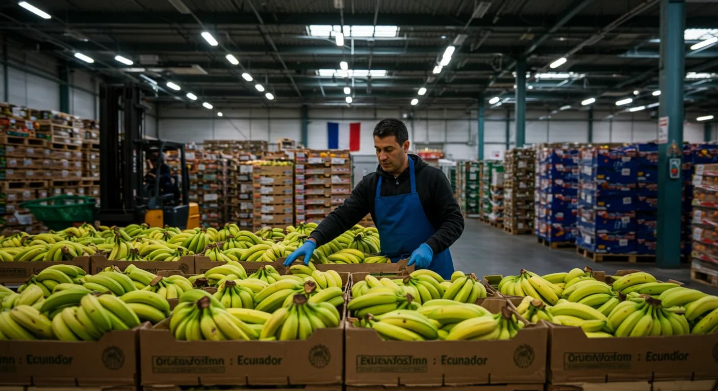 Distribuidor europeo inspecciona pallet de banano Cavendish ecuatoriano en mercado mayorista Rungis Paris al amanecer, cajas de carton con etiqueta Origen Ecuador