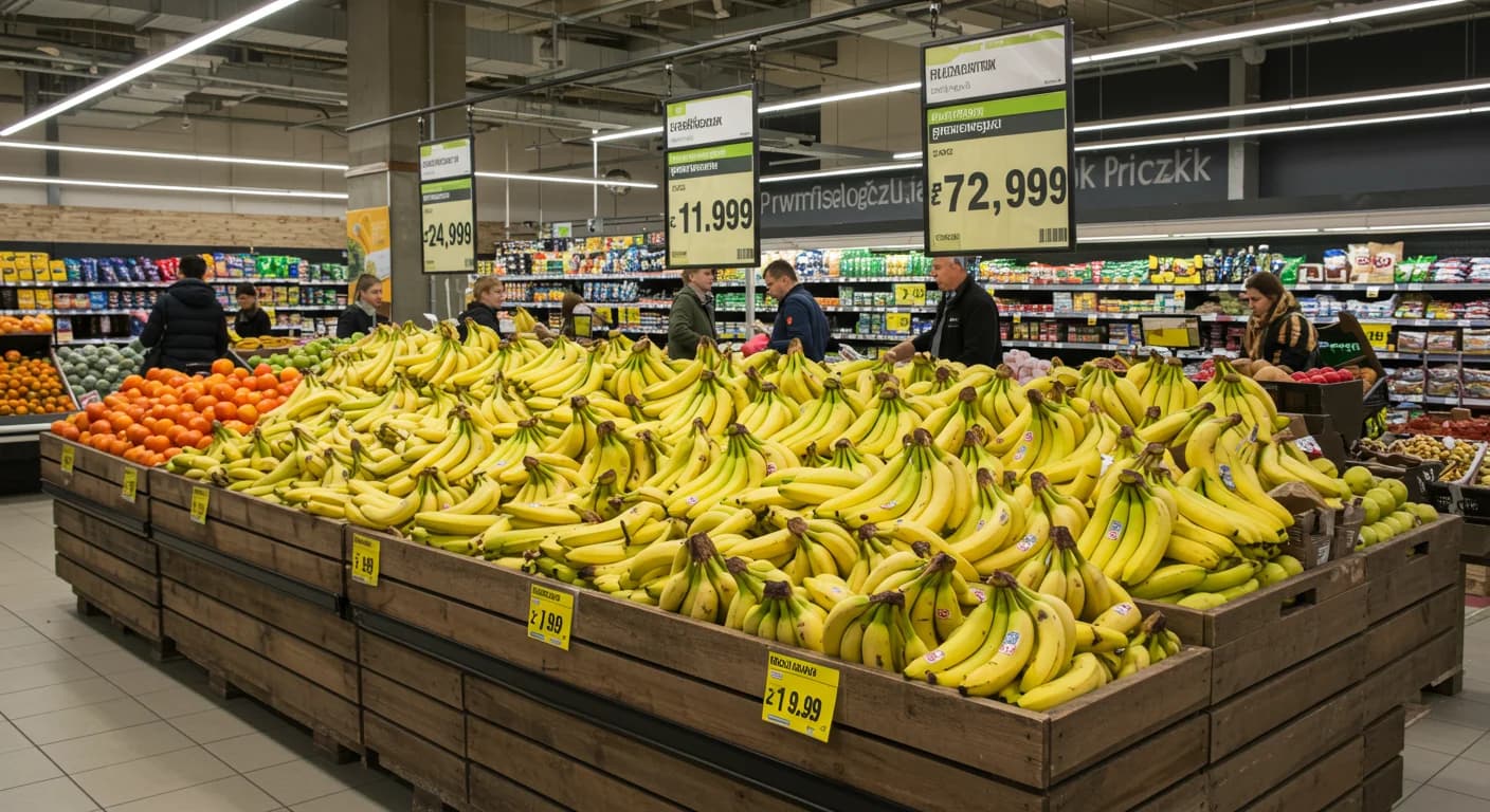 Anaquel de supermercado polaco con cajas de banano Cavendish ecuatoriano premium