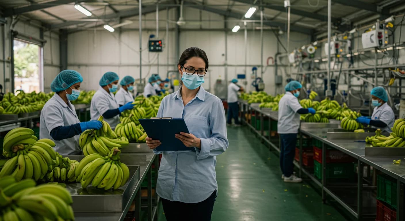 Auditor social SMETA revisando checklist en empacadora bananera de la Costa ecuatoriana con trabajadores en PPE