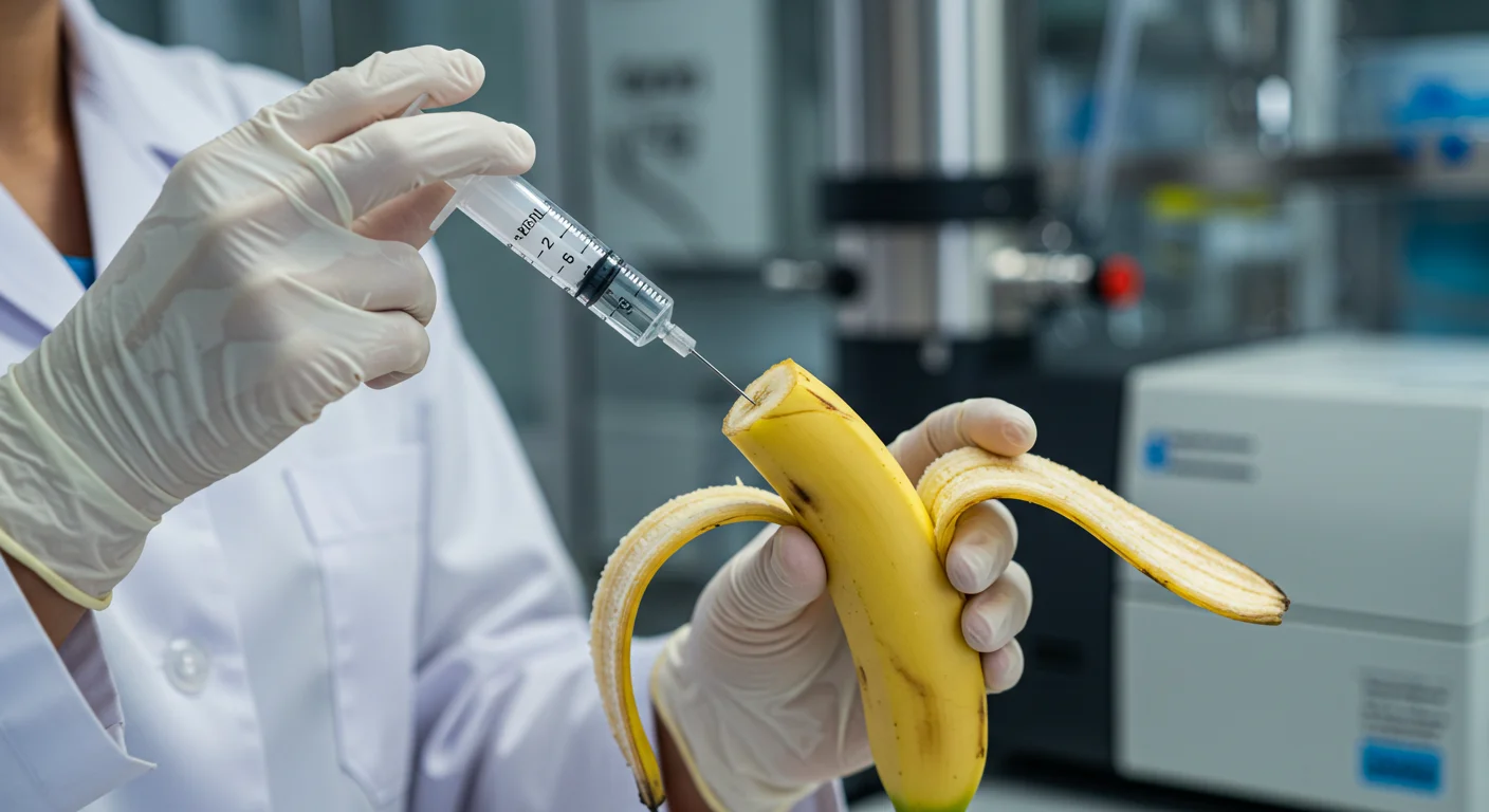 Tecnica de laboratorio con guantes analizando cascara de banano Cavendish para deteccion de residuos plaguicidas MRL, LC-MS/MS espectrometro fondo