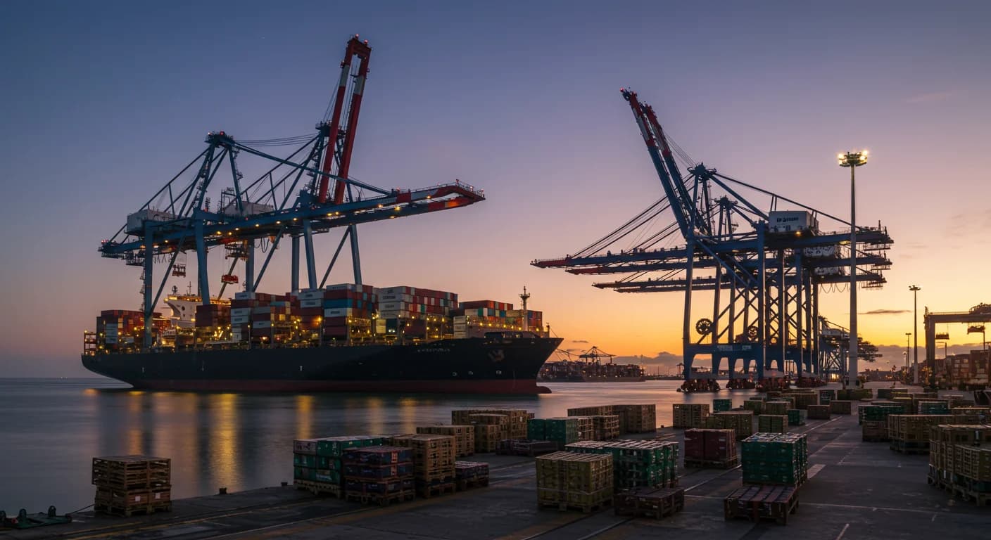 Puerto Posorja DP World con buque Post-Panamax reefer cargando pallets de banano Ecuador al amanecer