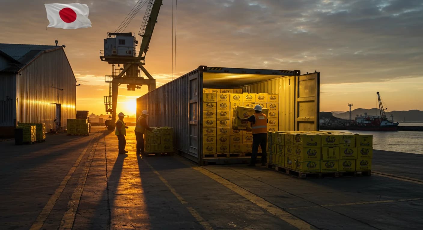 Caja de banano ecuatoriano cargandose en contenedor reefer rumbo a Japon en puerto Guayaquil, bandera japonesa de fondo
