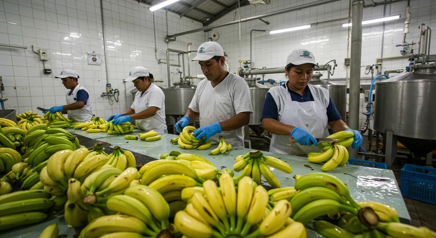 Trabajadores de empacadora ecuatoriana realizando desmane con cuchilla curva sobre racimo Cavendish junto a tanques de lavado