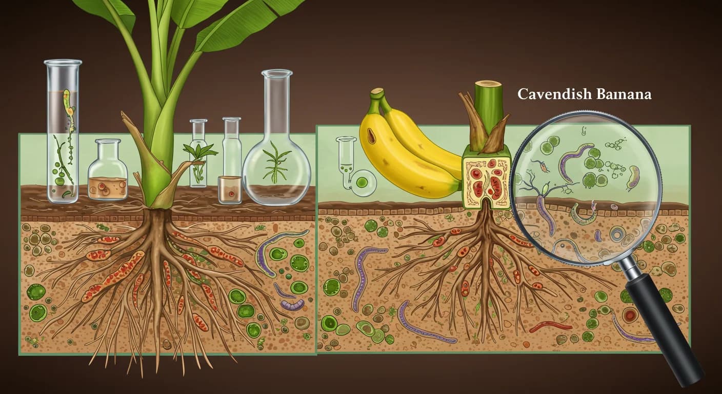 Corte del sistema radicular de banano Cavendish con lesiones y lente magnificadora mostrando nematodos microscopicos para guia HowTo control 2026