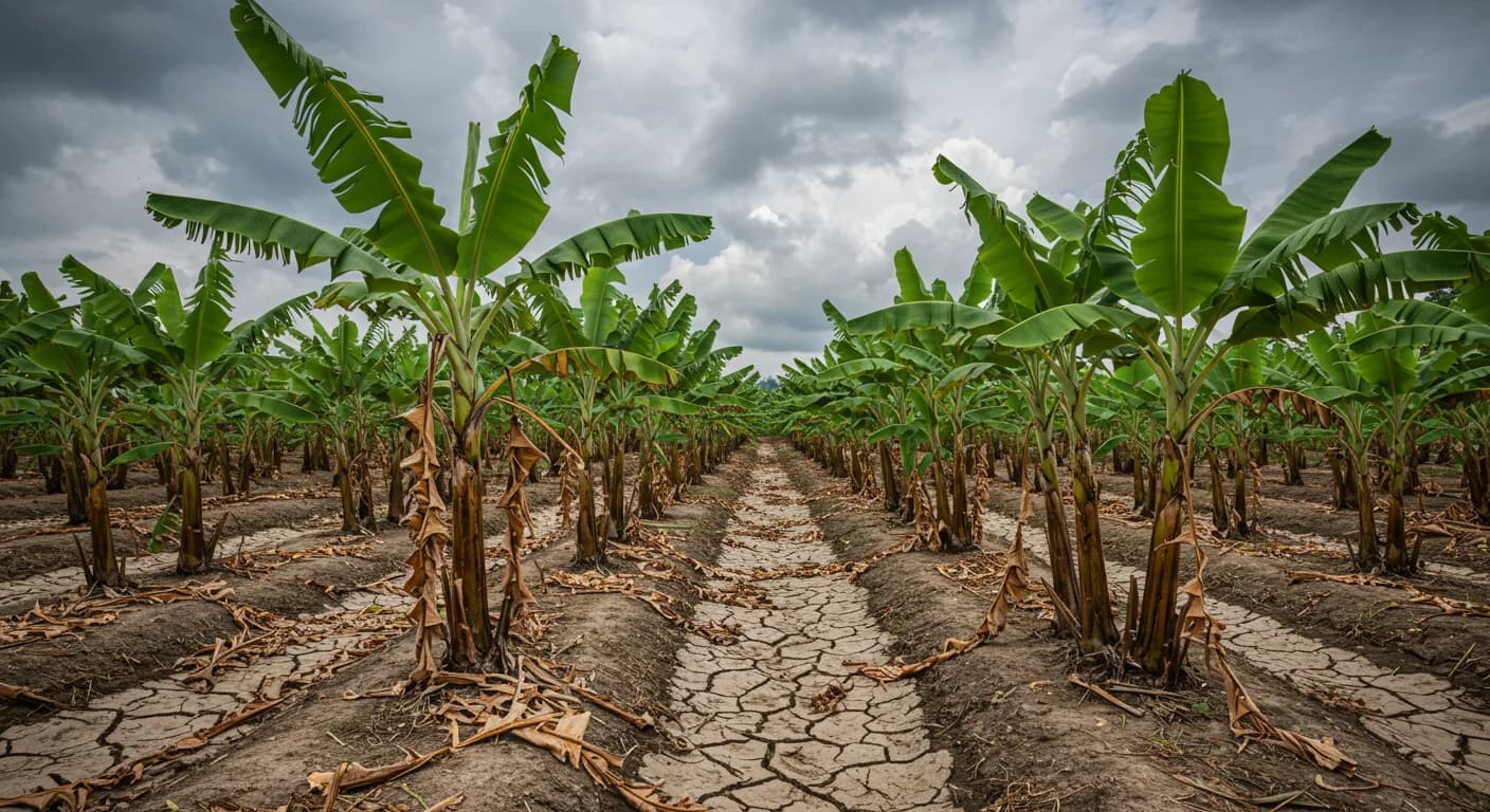 Plantacion de banano Ecuador con suelo agrietado y hojas marchitas bajo sol intenso por El Nino confirmado por la OMM en julio 2026