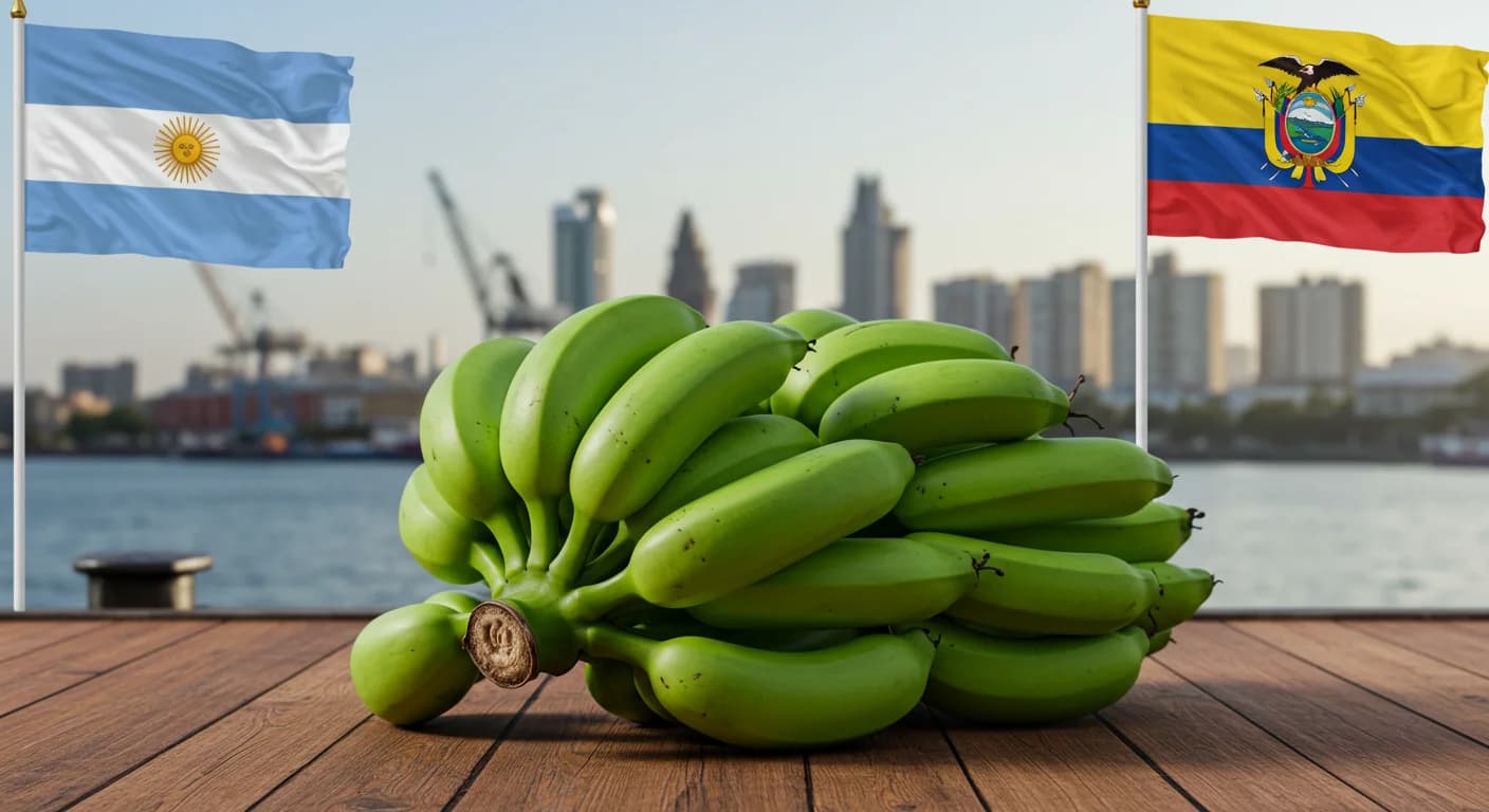 Racimos de banano Cavendish Ecuador sobre muelle con banderas de Argentina y Ecuador al fondo silueta puerto Buenos Aires