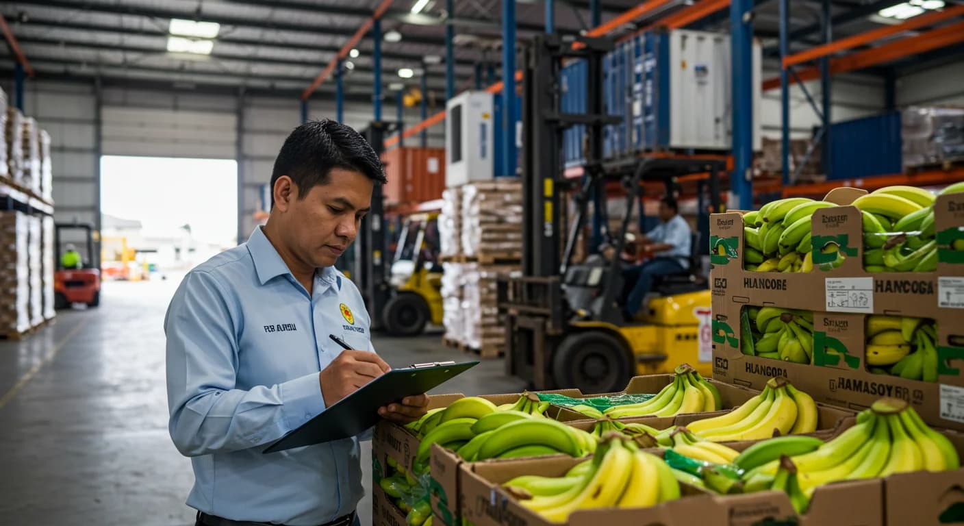 Inspector de comercio exterior verificando cajas de exportacion de banano Cavendish en bodega puerto Guayaquil con contenedores reefer al fondo
