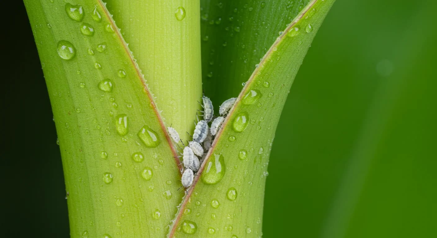 Macro fotografia de cochinilla harinosa Dysmicoccus en pseudotallo de banano Cavendish Ecuador