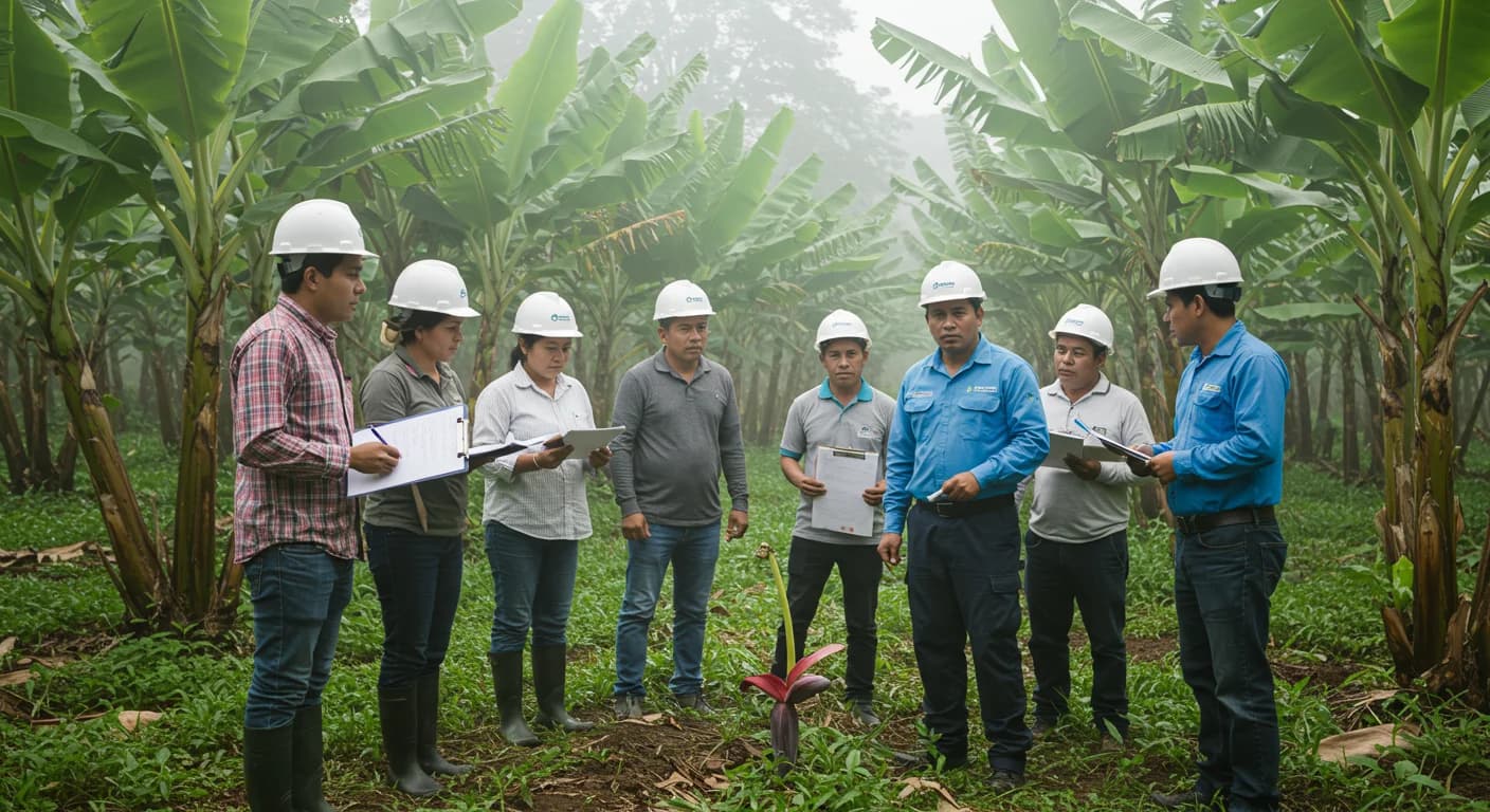 Tecnicos de Agrocalidad capacitan a productores de banano y platano en finca ecuatoriana julio 2026