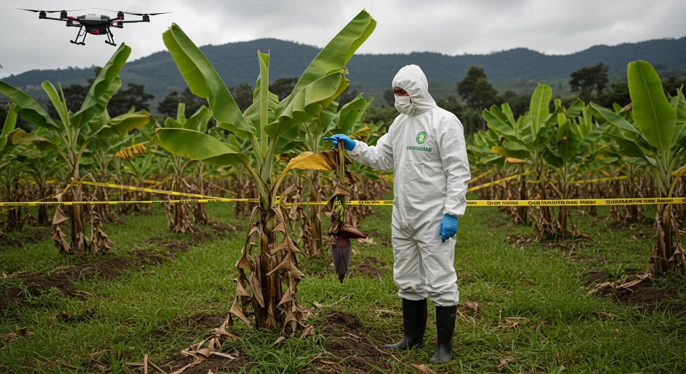 Inspector Agrocalidad con traje de bioseguridad revisa planta de banano con sintomas de Fusarium TR4 en finca de El Oro Ecuador julio 2026