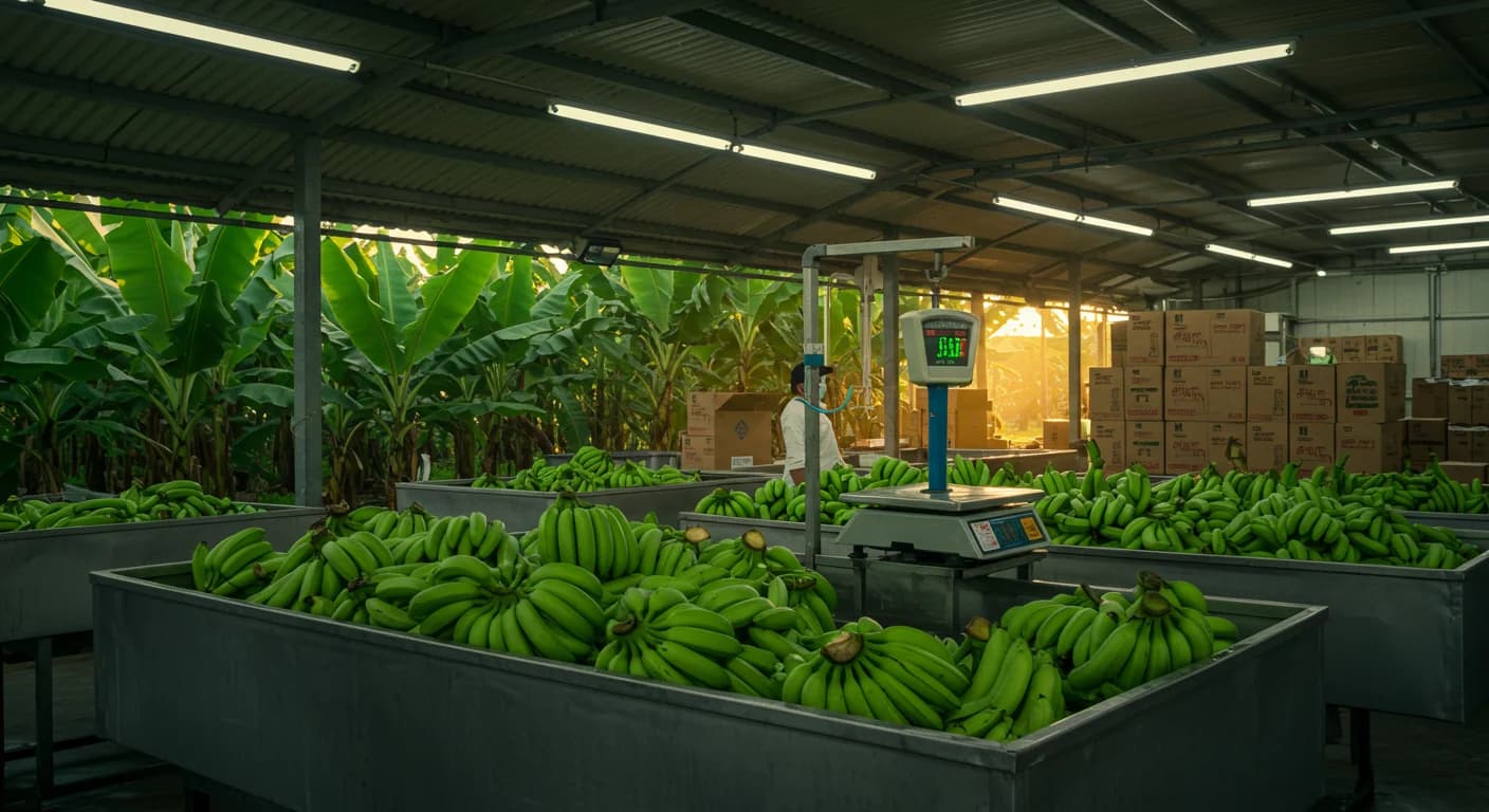 Estacion de empaque banano Cavendish Ecuador con cajas de exportacion y tablero de precios spot semana 29 julio 2026