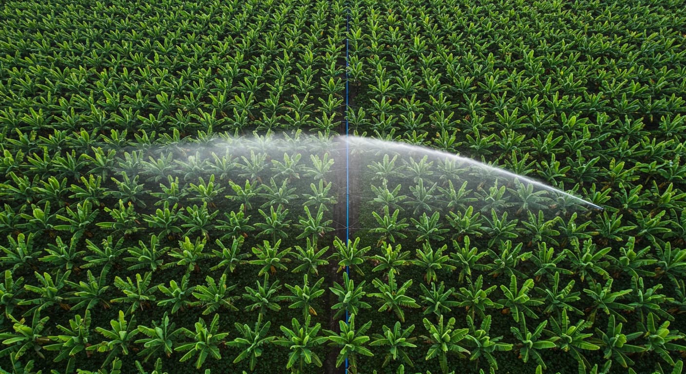 Vista aerea de plantacion de banano en Ecuador con sistema de riego por goteo y aspersion subcopa Cavendish julio 2026