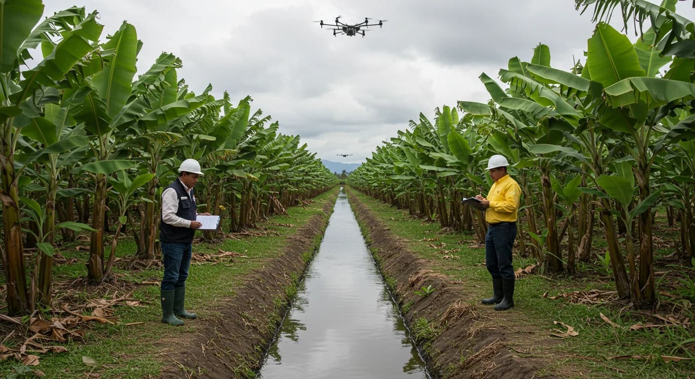 Productor bananero y técnico Agrocalidad inspeccionan canal de drenaje junto a finca Cavendish en El Oro Ecuador con dron sobrevolando