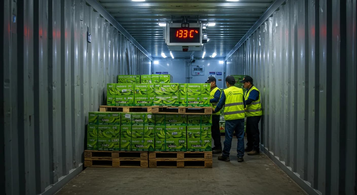 Contenedor reefer refrigerado siendo cargado con cajas de banano verde Cavendish en Puerto Bolívar Ecuador con pantalla de temperatura 13,3 C