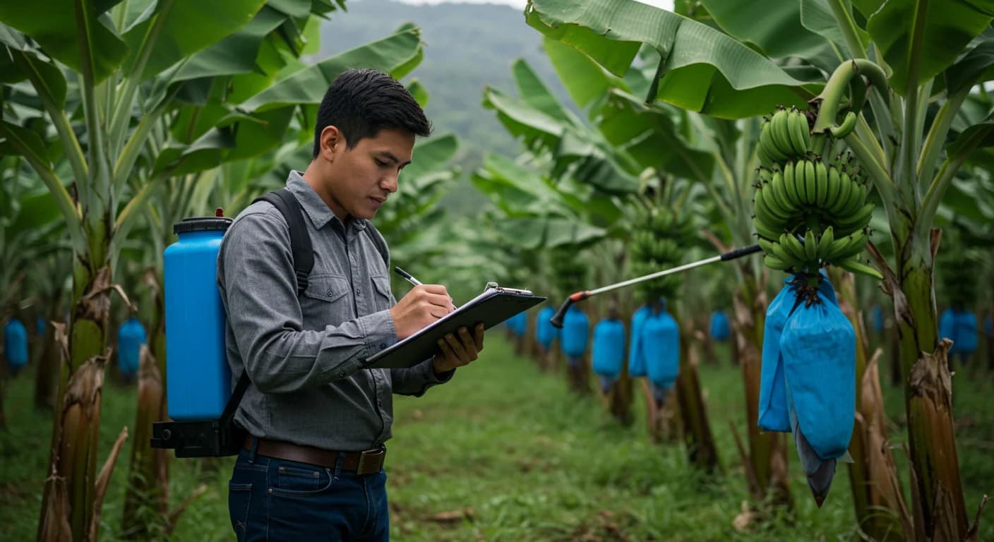 Agronomo joven con tablet y clipboard registrando labores en plantacion de banano Cavendish del Litoral ecuatoriano