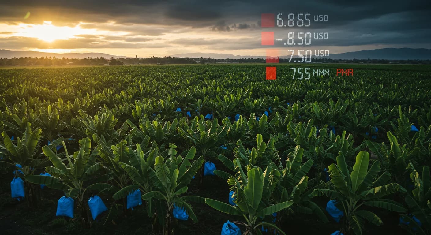 Plantacion Cavendish en El Oro con datos de precio spot USD 6.85 y PMS USD 7.50 en semana 30 de 2026