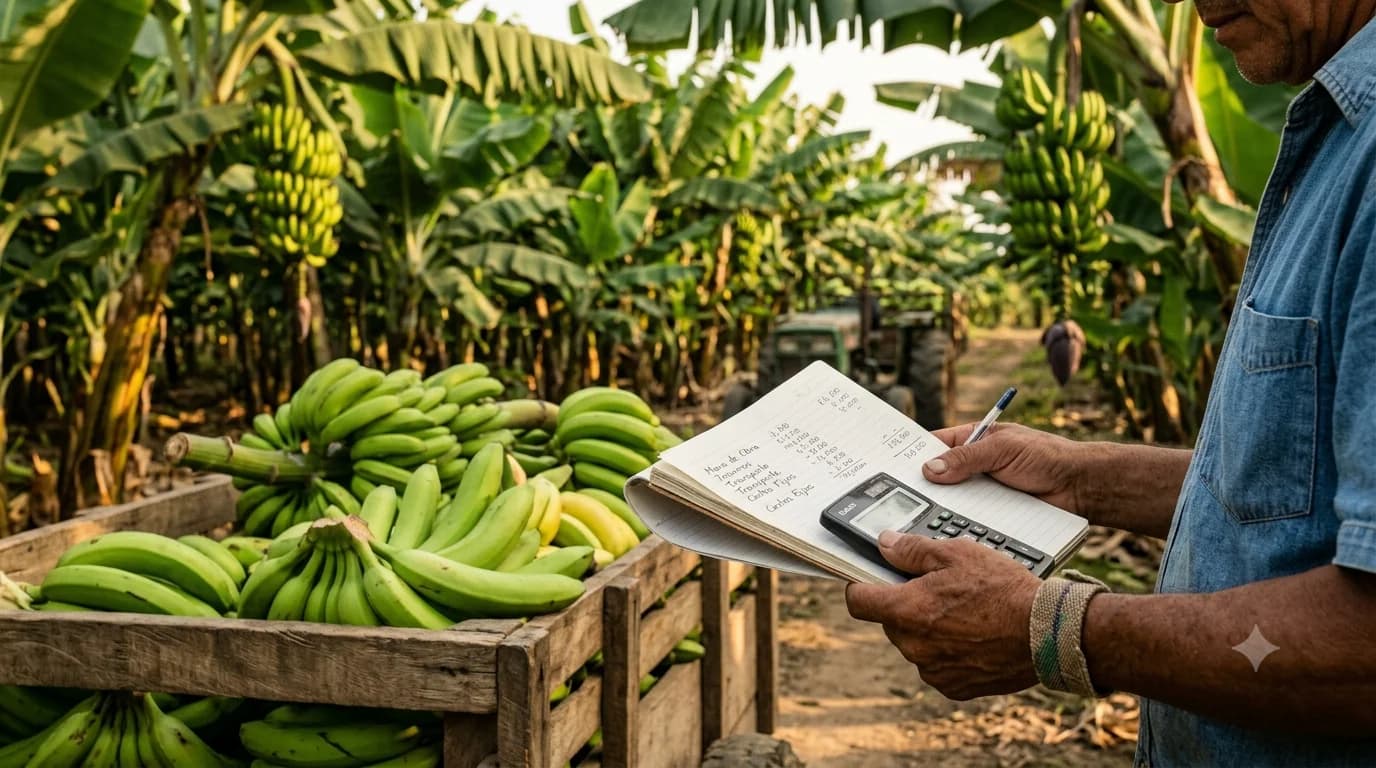 Productor bananero anota sus costos en una libreta con calculadora, junto a un cajon de racimos verdes en su finca
