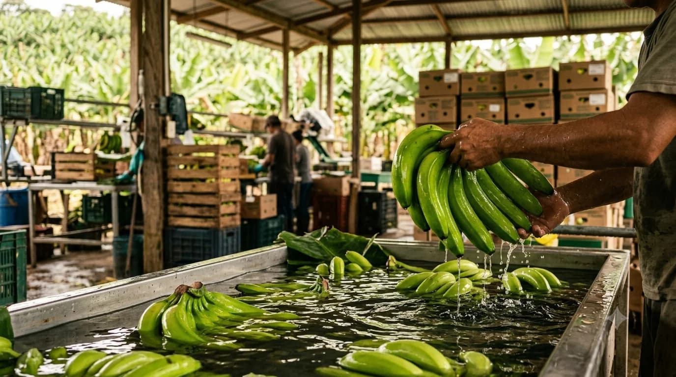 Trabajador saca un racimo de banano verde de la pileta de lavado en una empacadora ecuatoriana, con cajas de exportacion y la plantacion al fondo