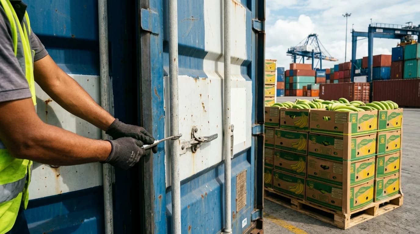 Trabajador portuario precinta la puerta de un contenedor junto a pallets de cajas de banano listas para exportar