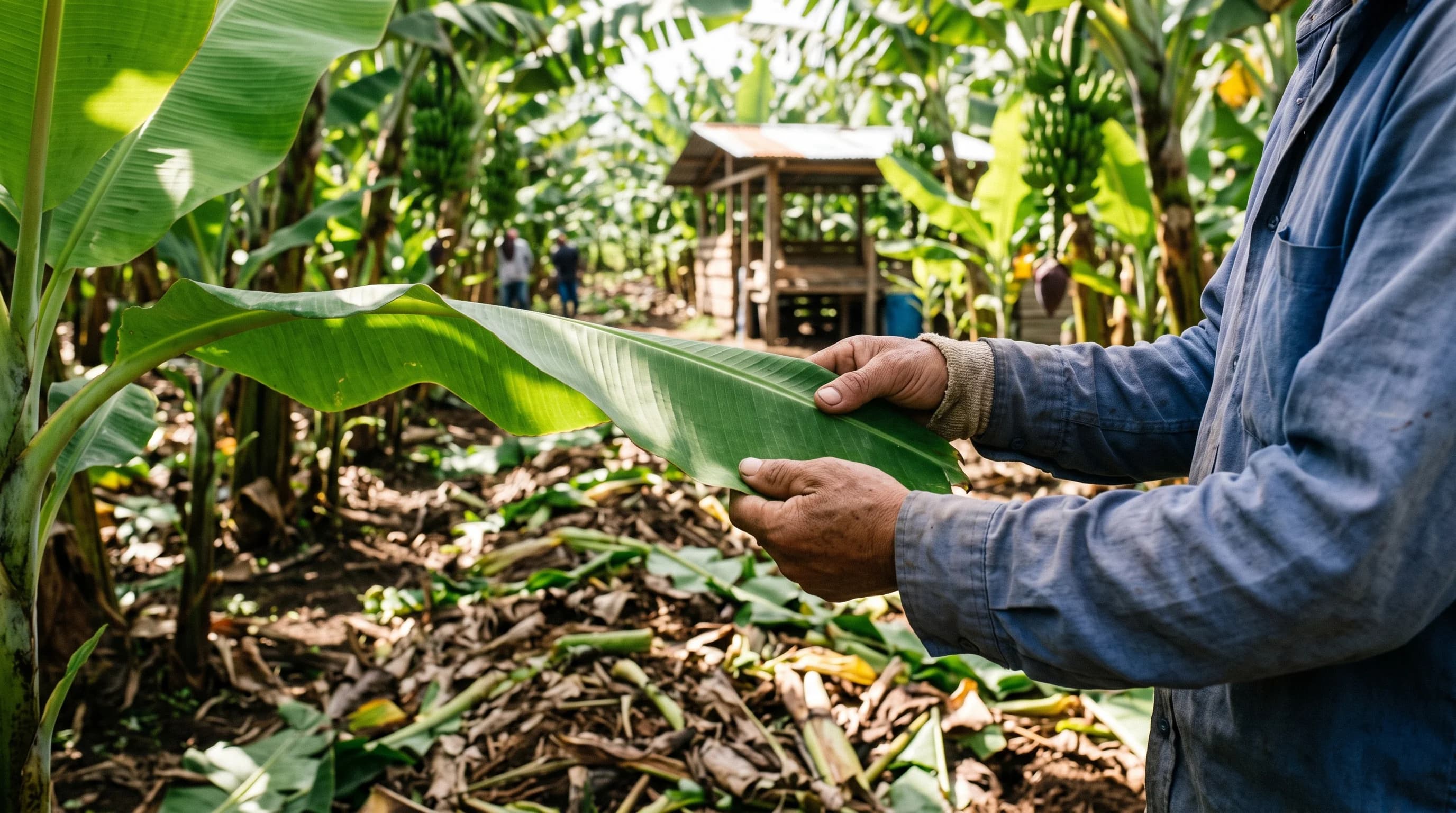 Finca bananera org�nica en Ecuador con follaje verde, suelo cubierto de materia org�nica y manos de un trabajador revisando una hoja de banano.
