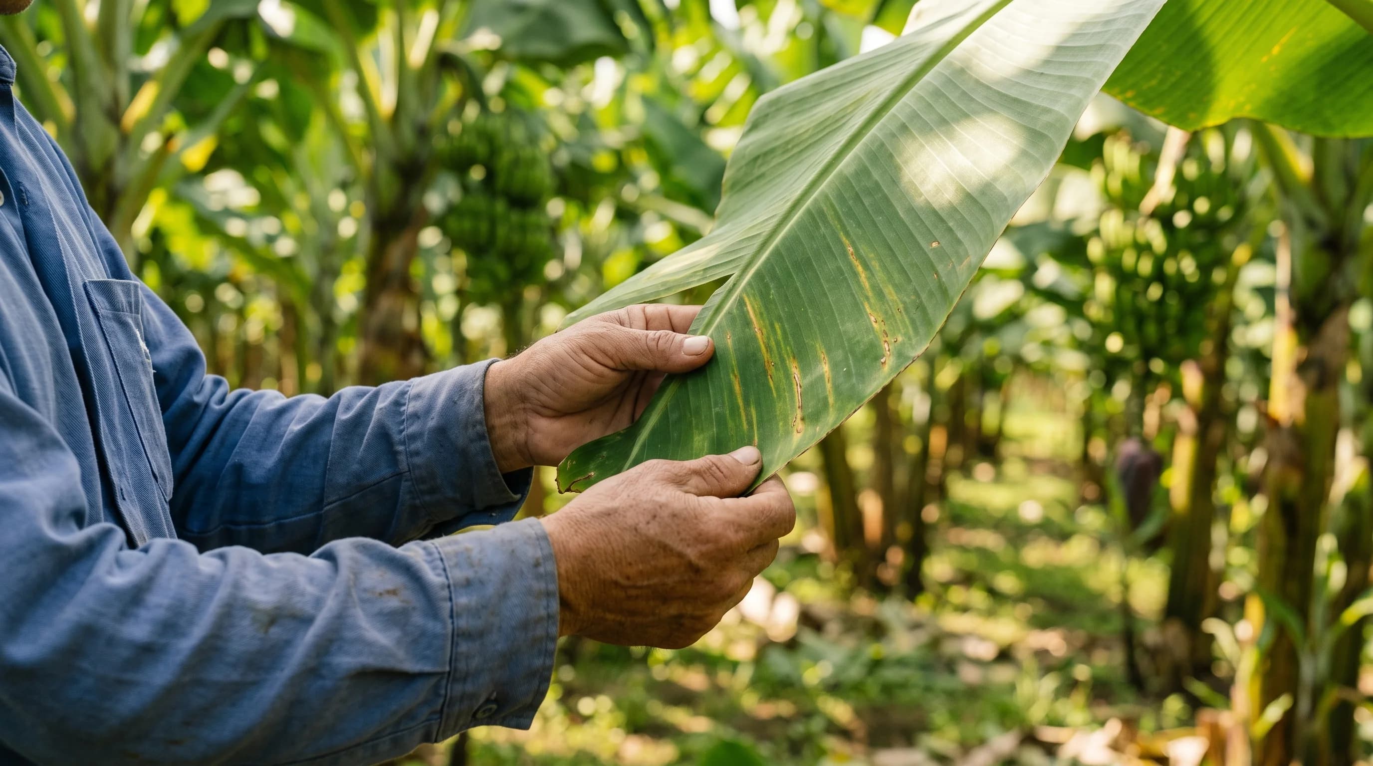 Trabajador revisando de cerca una hoja de banano en una plantaci�n ecuatoriana, buscando signos de enfermedad foliar como la Sigatoka amarilla.